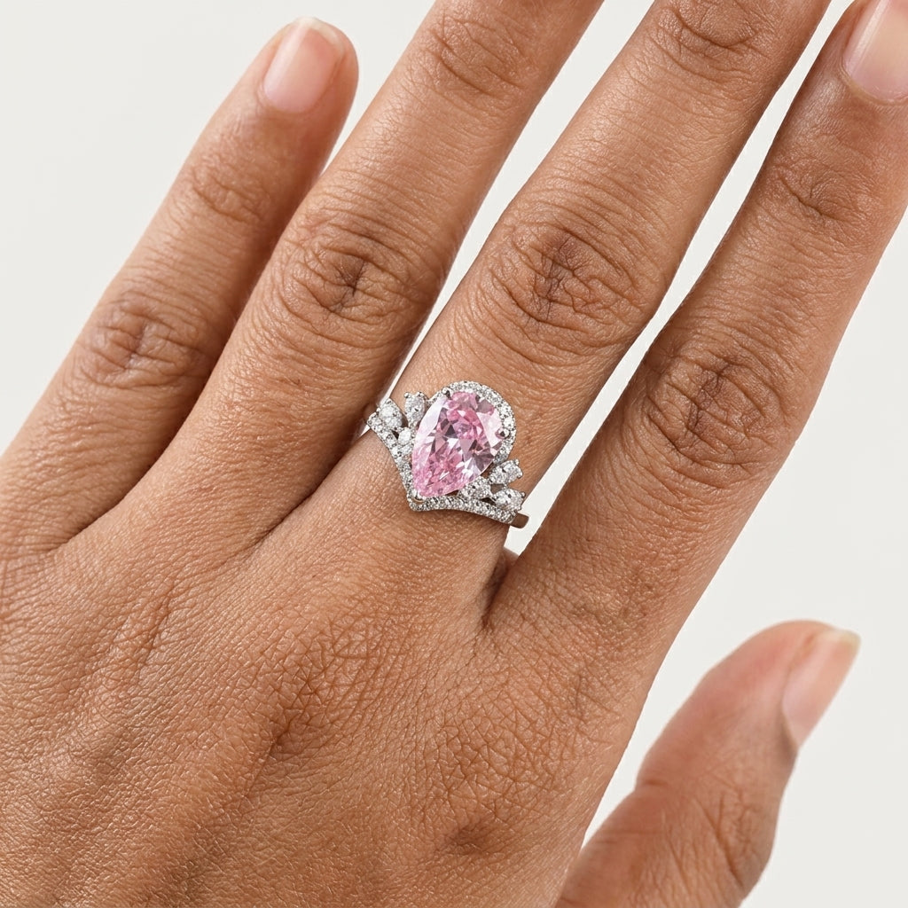 Blush Tiara Ring | Pear-Cut Pink Crystal Crown Ring for Women | Elegant Statement Ring