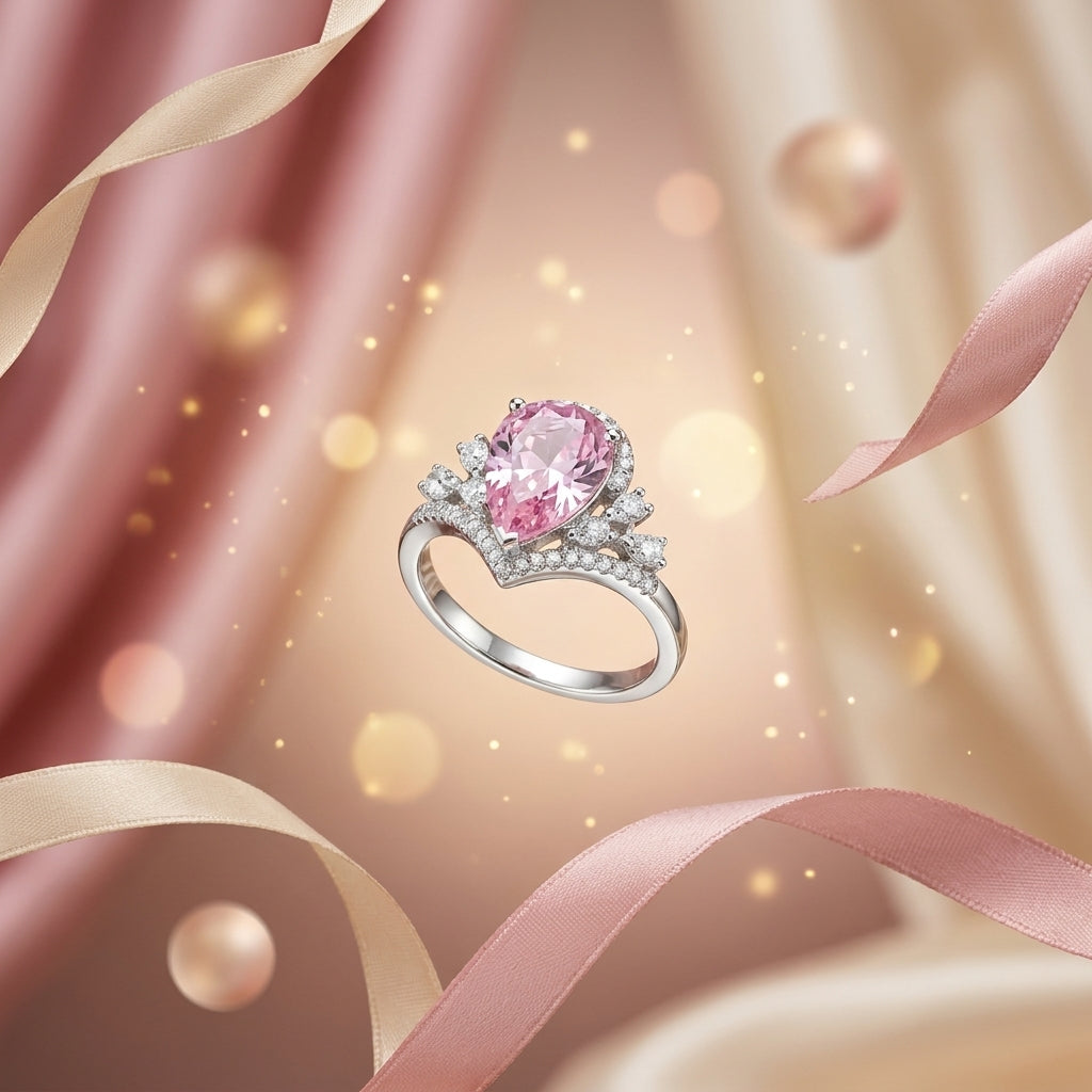 Blush Tiara Ring | Pear-Cut Pink Crystal Crown Ring for Women | Elegant Statement Ring