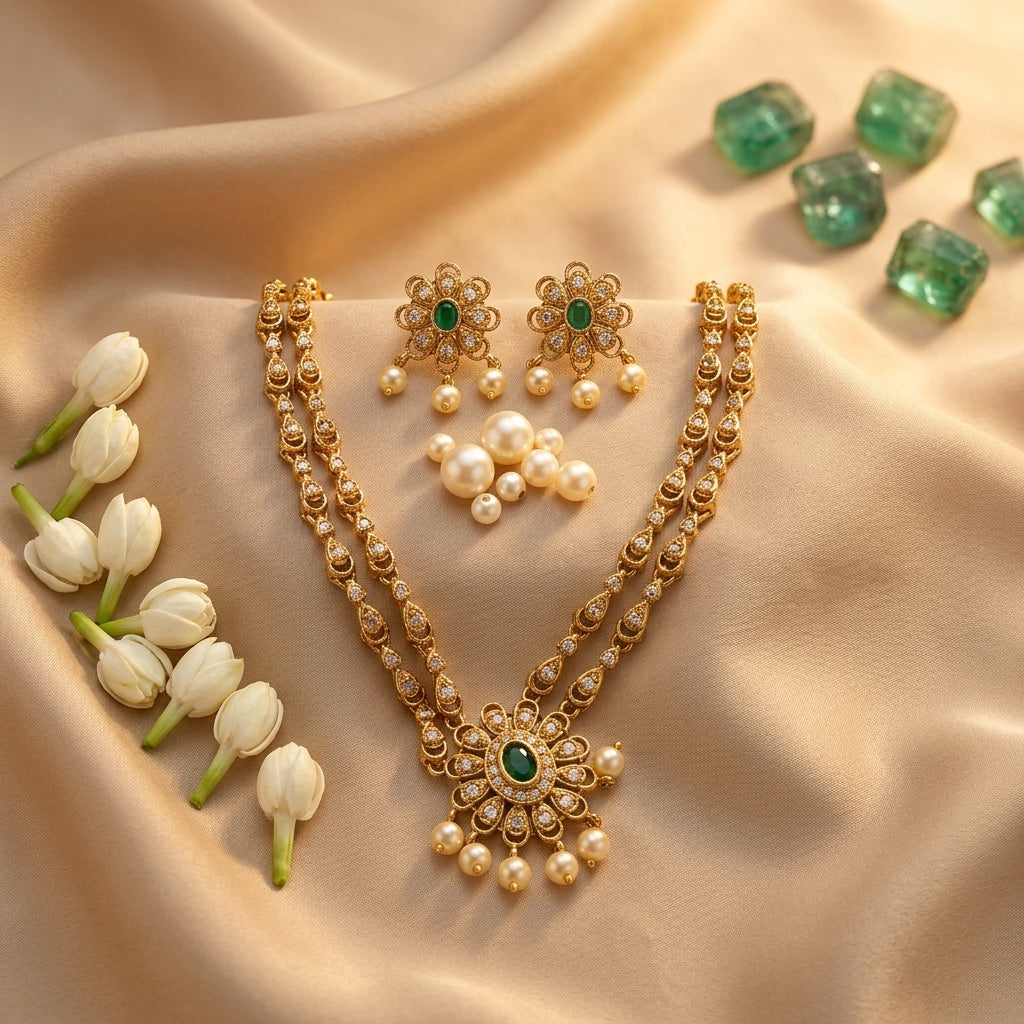 Amritha Floral Pearl Necklace Set | Traditional Floral Necklace with Pearl Drops | VarnamAyira
