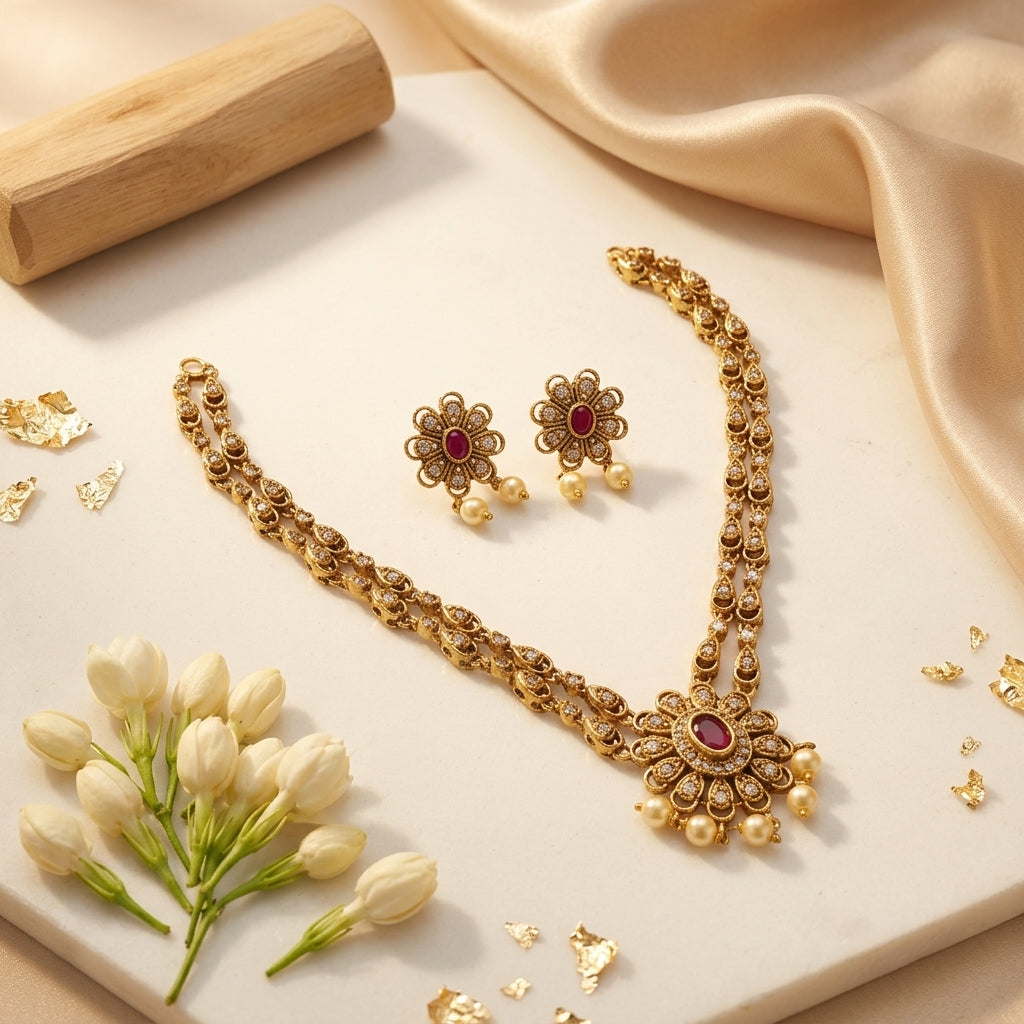 Amritha Floral Pearl Necklace Set | Traditional Floral Necklace with Pearl Drops | VarnamAyira