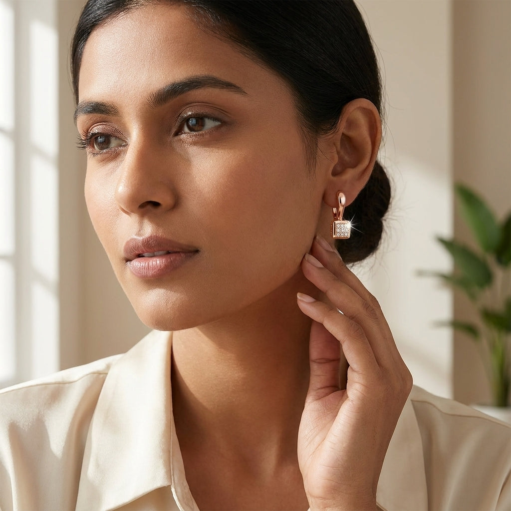 Auréve Crystal Cube Earrings in Gold Finish | Luxury Geometric Drop Earrings by VarnamAyira