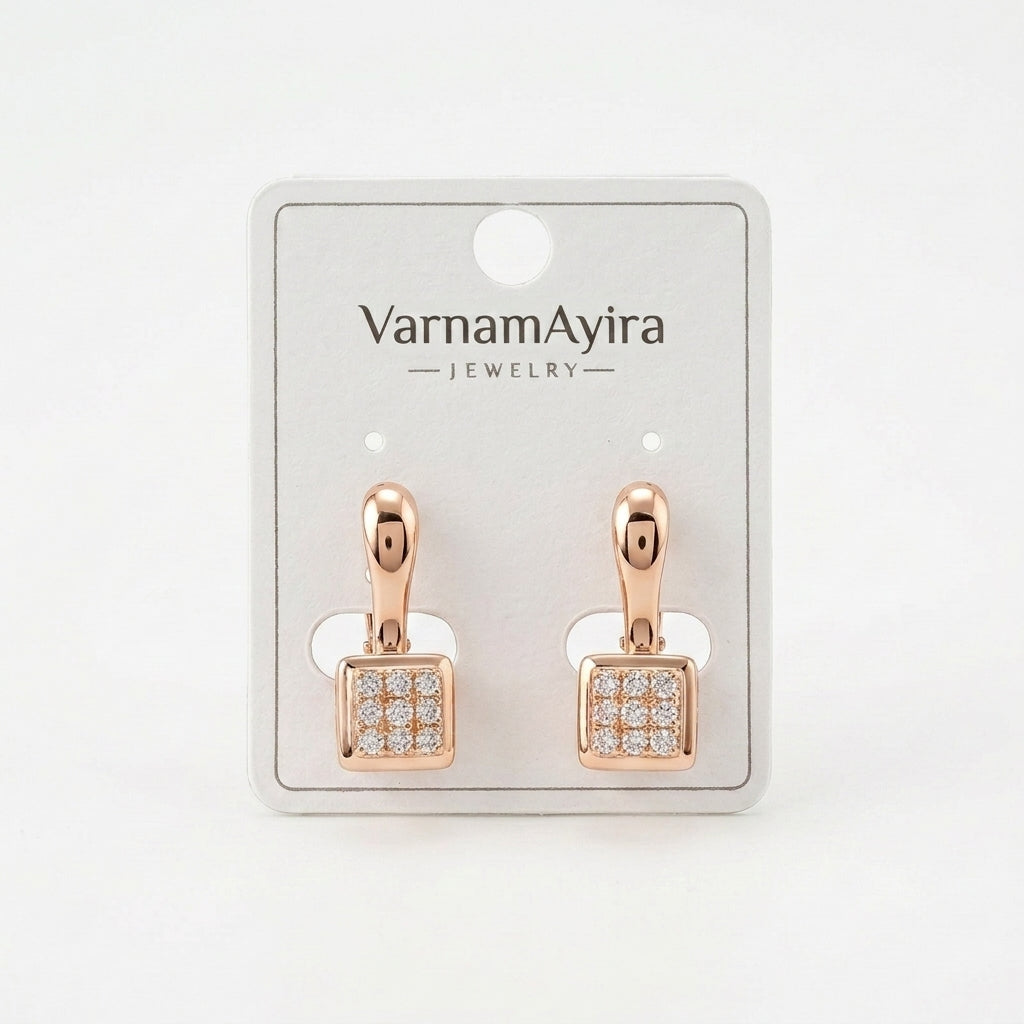 Auréve Crystal Cube Earrings in Gold Finish | Luxury Geometric Drop Earrings by VarnamAyira
