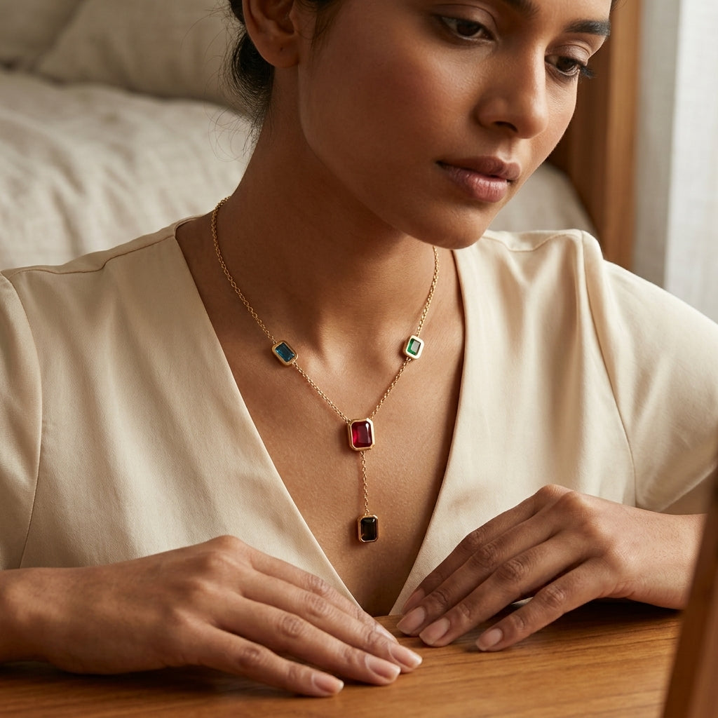 Aurora Gem Drop Stainless Steel Necklace for Women | Multicolor Crystal Pendant Necklace