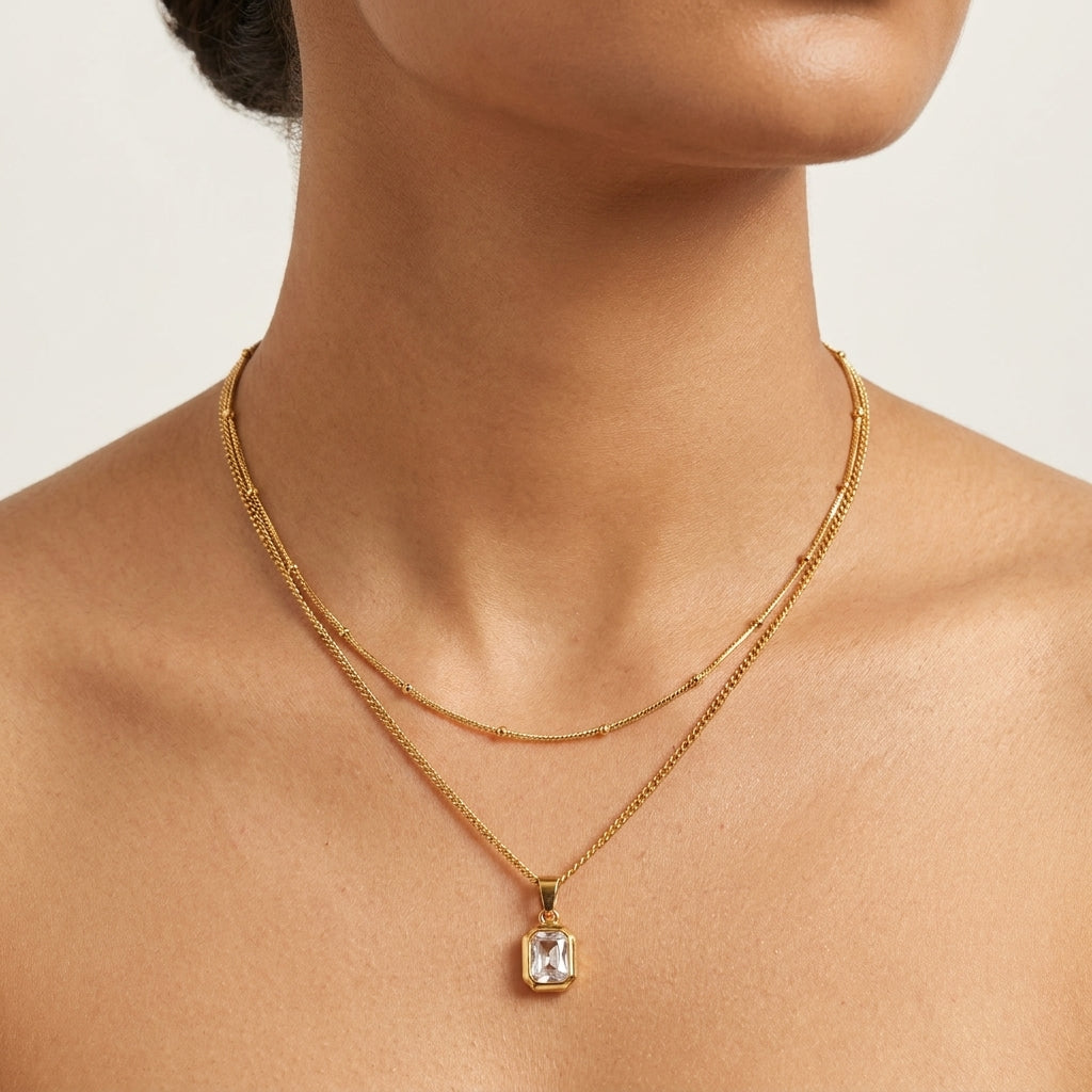 Aurora Layered Necklace | Double Layer Crystal Pendant Necklace