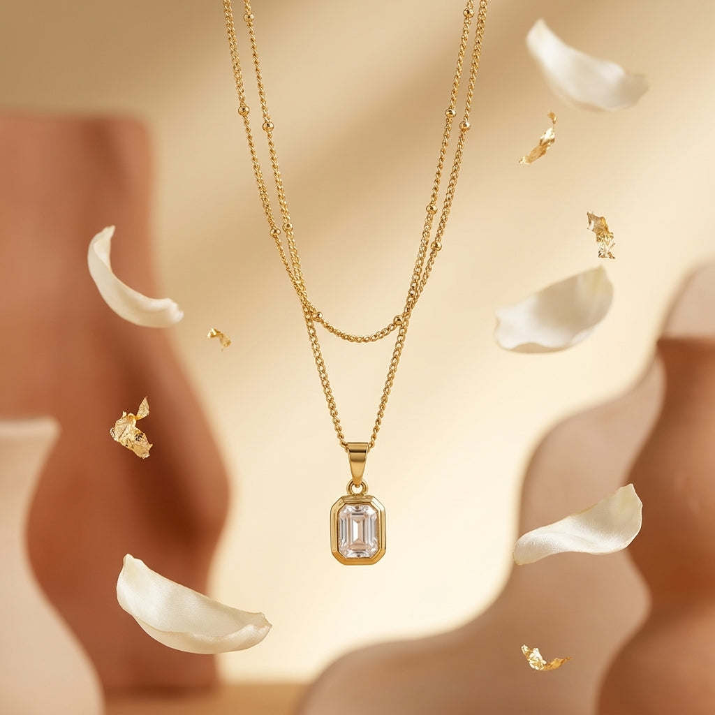 Aurora Layered Necklace | Double Layer Crystal Pendant Necklace