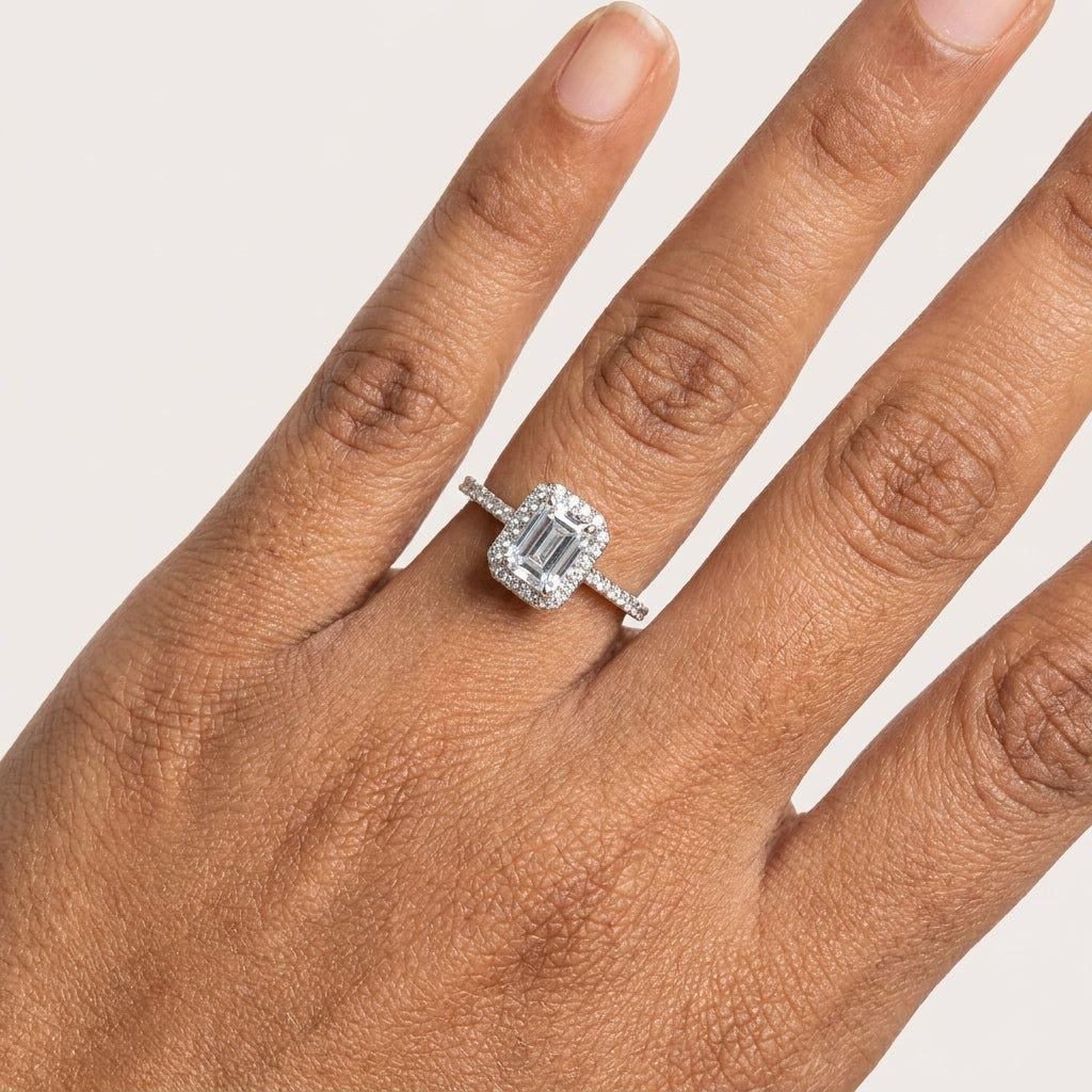 Aurora Solitaire Ring | Emerald-Cut Halo Crystal Ring for Women | Elegant Statement Ring
