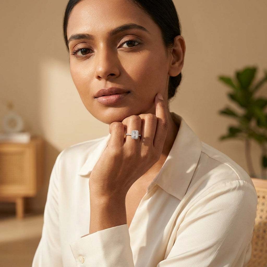 Aurora Solitaire Ring | Emerald-Cut Halo Crystal Ring for Women | Elegant Statement Ring