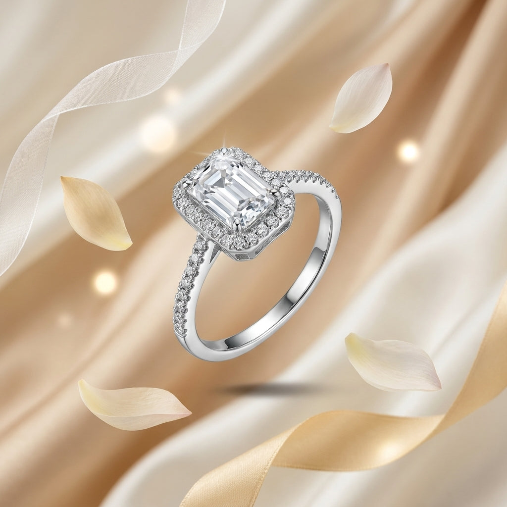 Aurora Solitaire Ring | Emerald-Cut Halo Crystal Ring for Women | Elegant Statement Ring