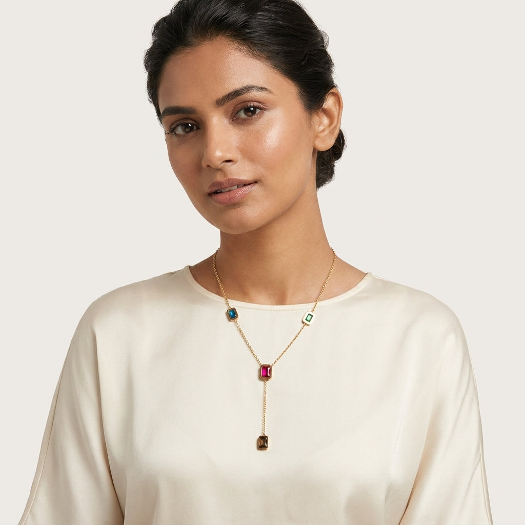 Aurora Gem Drop Stainless Steel Necklace for Women | Multicolor Crystal Pendant Necklace