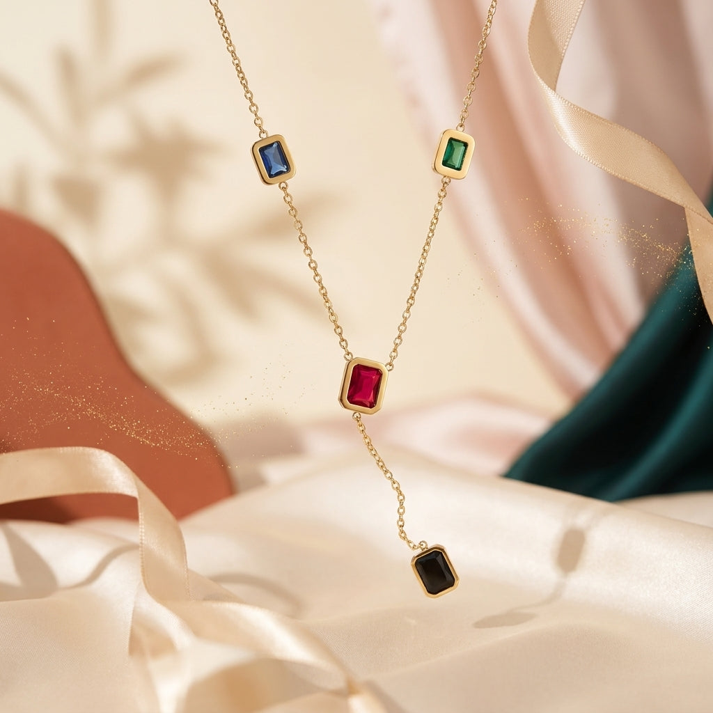 Aurora Gem Drop Stainless Steel Necklace for Women | Multicolor Crystal Pendant Necklace
