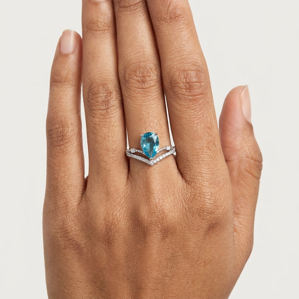 Azure Crown Ring | Silver Plated Blue Pear-Cut Crystal Ring for Women | Elegant Statement Ring