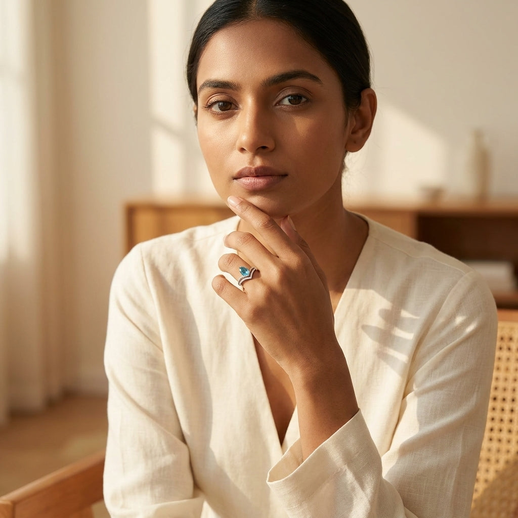 Azure Crown Ring | Silver Plated Blue Pear-Cut Crystal Ring for Women | Elegant Statement Ring