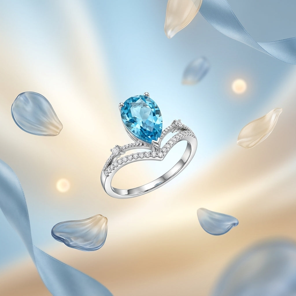Azure Crown Ring | Silver Plated Blue Pear-Cut Crystal Ring for Women | Elegant Statement Ring