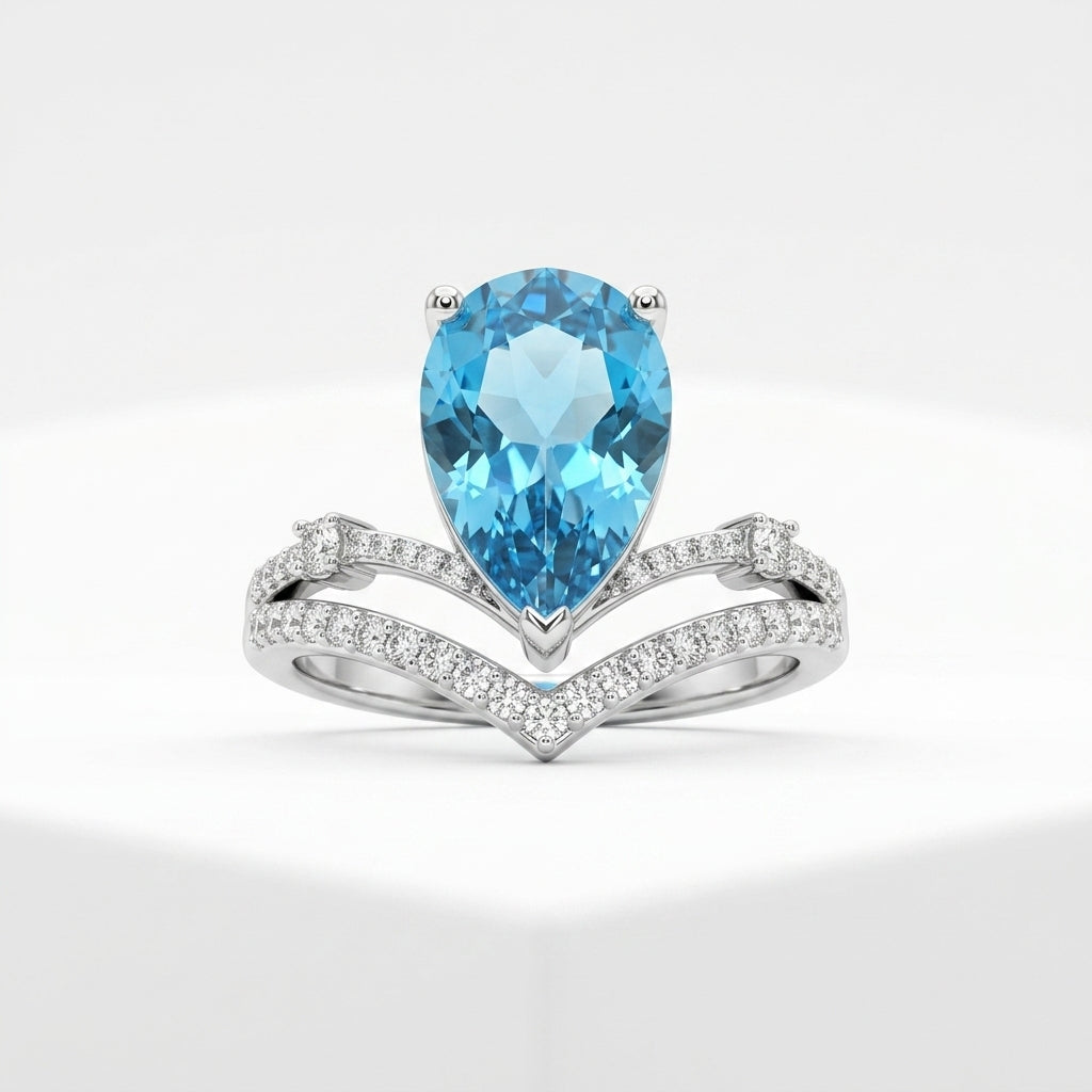 Azure Crown Ring | Silver Plated Blue Pear-Cut Crystal Ring for Women | Elegant Statement Ring