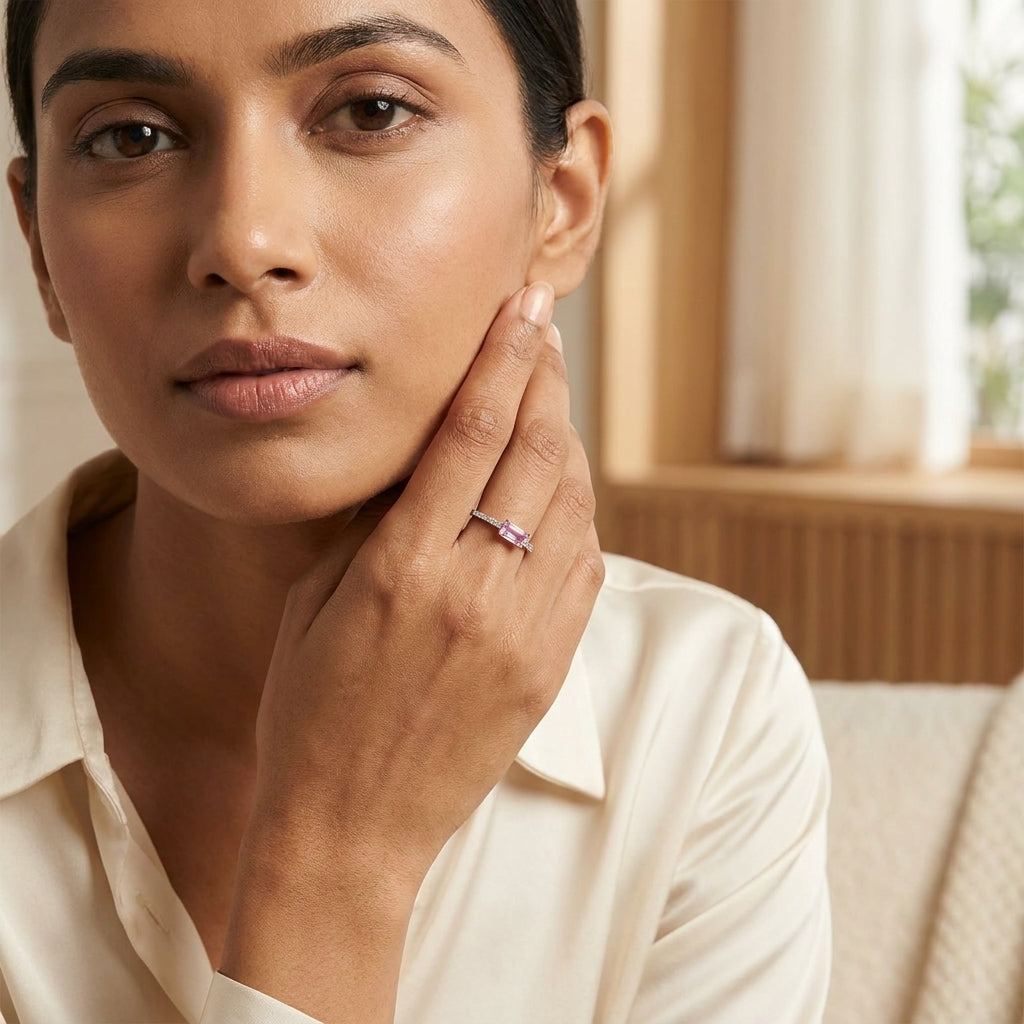 Blush Radiance Ring |Silver Plated Pink Emerald-Cut Crystal Ring for Women | Elegant Solitaire Ring
