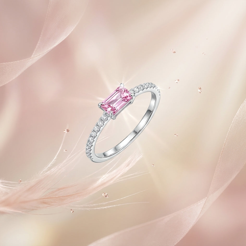 Blush Radiance Ring |Silver Plated Pink Emerald-Cut Crystal Ring for Women | Elegant Solitaire Ring