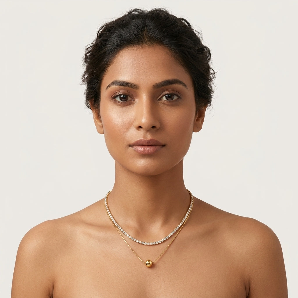 Golden Harmony Layered Necklace | Crystal Chain & Gold Sphere Pendant Necklace