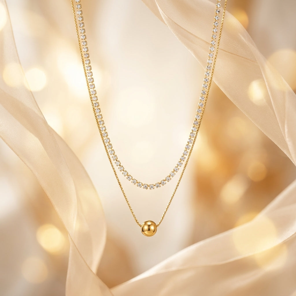 Golden Harmony Layered Necklace | Crystal Chain & Gold Sphere Pendant Necklace