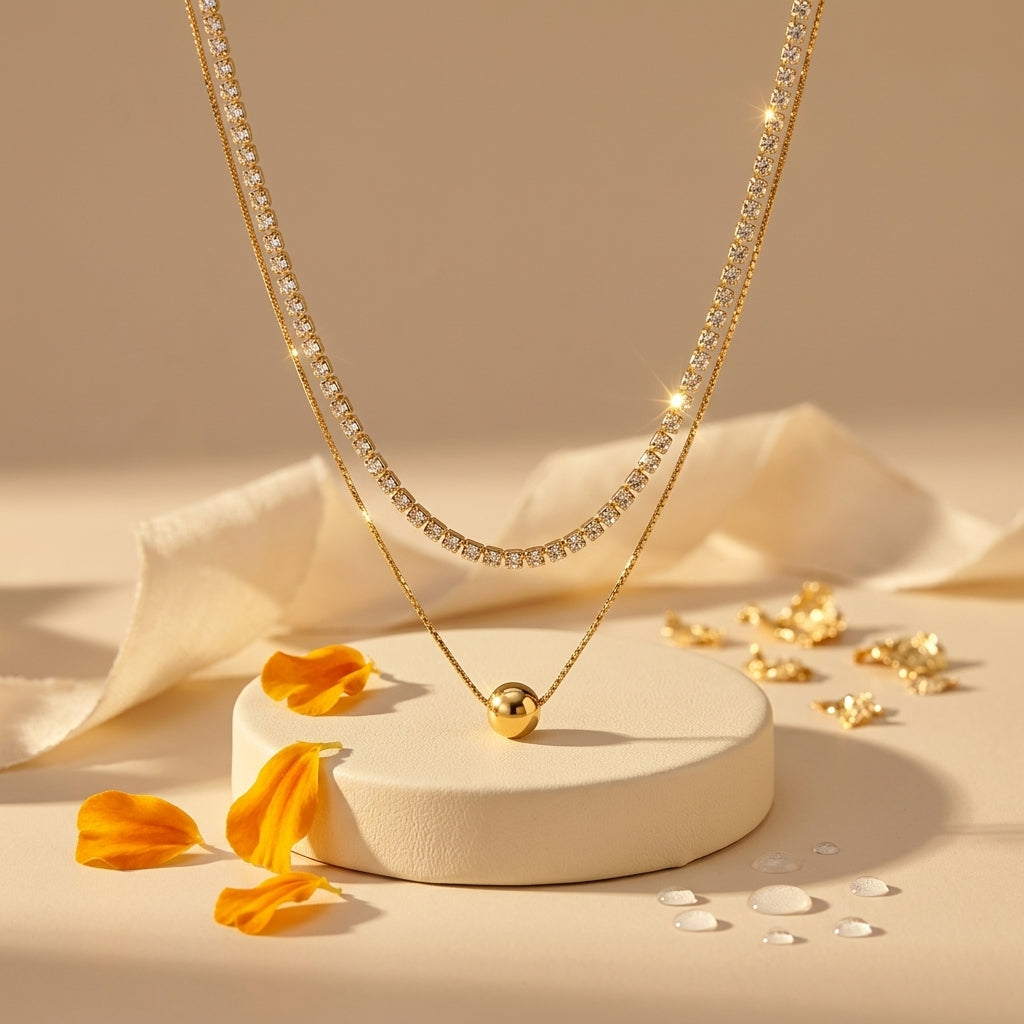 Golden Harmony Layered Necklace | Crystal Chain & Gold Sphere Pendant Necklace