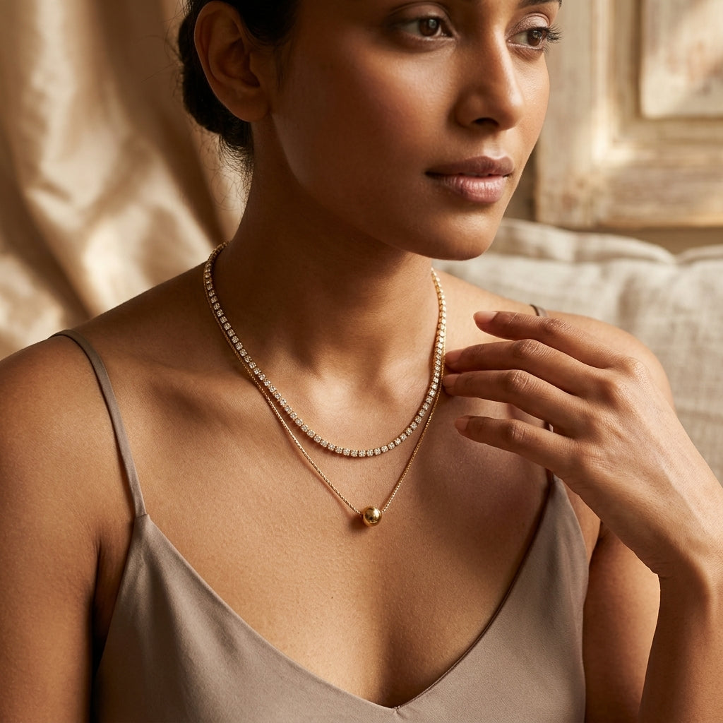 Golden Harmony Layered Necklace | Crystal Chain & Gold Sphere Pendant Necklace