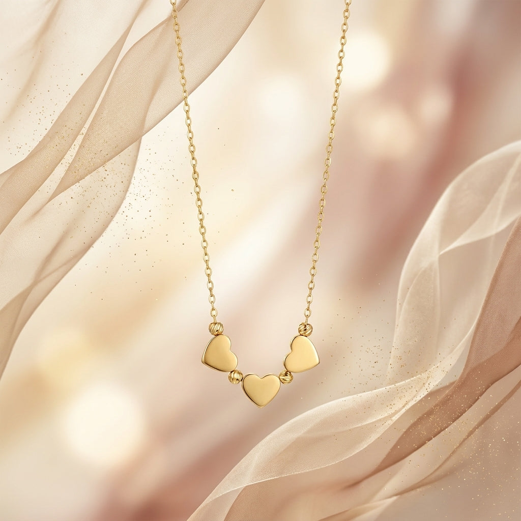 Trio Hearts Necklace | Gold Heart Pendant Necklace for Women | Minimal Romantic Jewellery