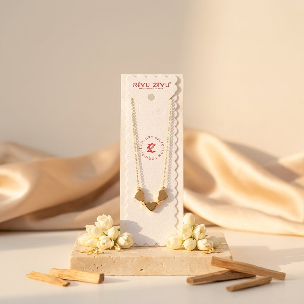 Trio Hearts Necklace | Gold Heart Pendant Necklace for Women | Minimal Romantic Jewellery
