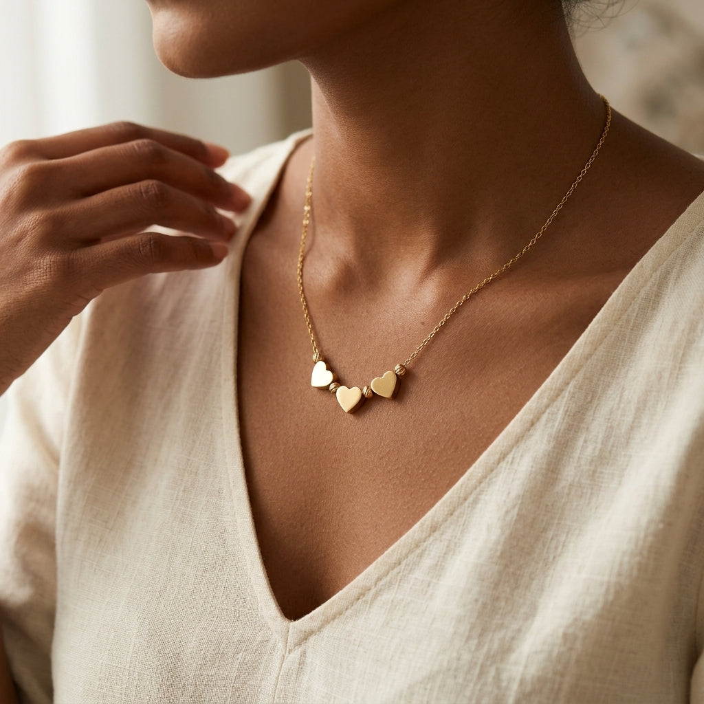 Trio Hearts Necklace | Gold Heart Pendant Necklace for Women | Minimal Romantic Jewellery