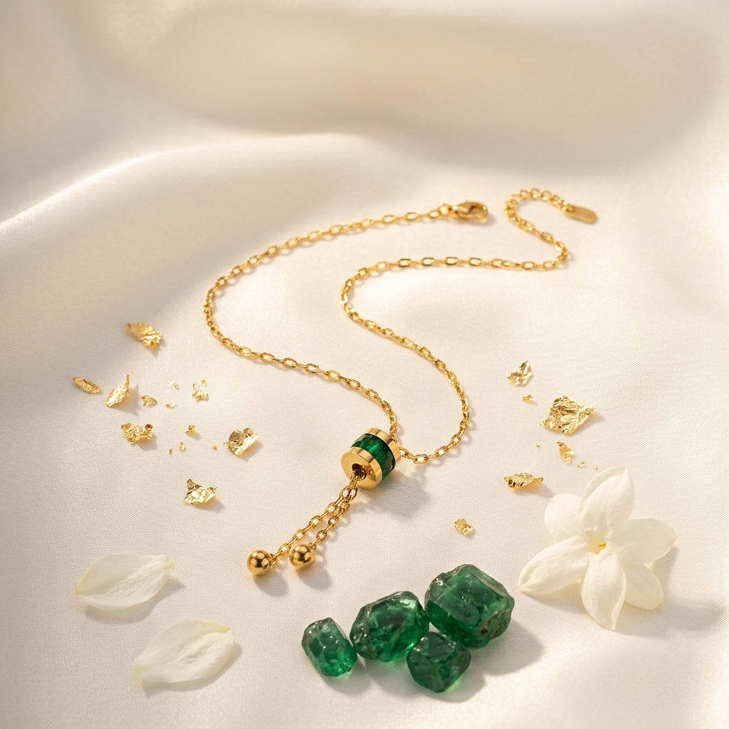 Jade Drop Stainless Steel Necklace for Women | Green Accent Adjustable Pendant Necklace
