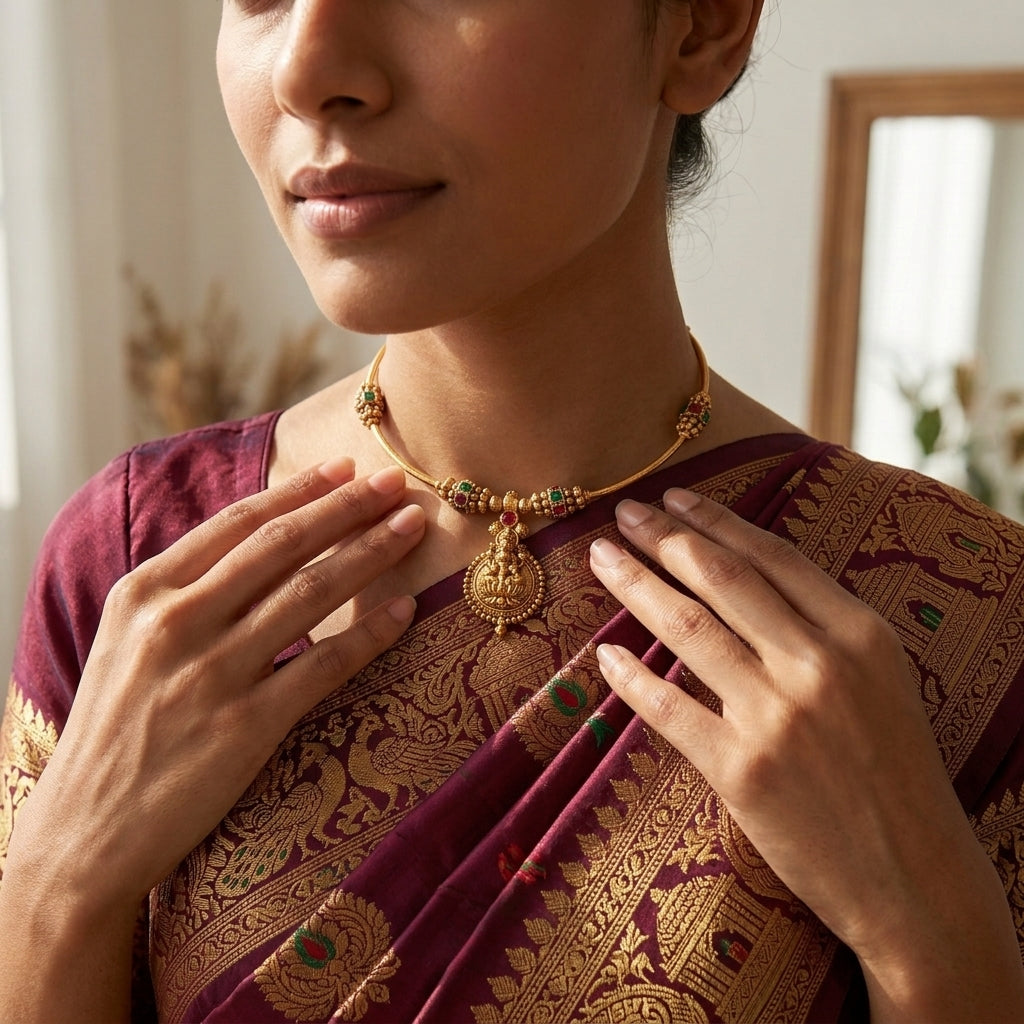 Kamakshi Antique Hasli Necklace Set | Traditional South Indian Jewellery | VarnamAyira