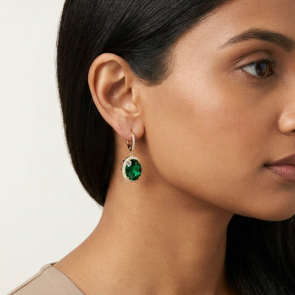 Emerielle Emerald Drop Hoop Earrings in Rose Gold Finish | Luxury Green Crystal Earrings by VarnamAyira