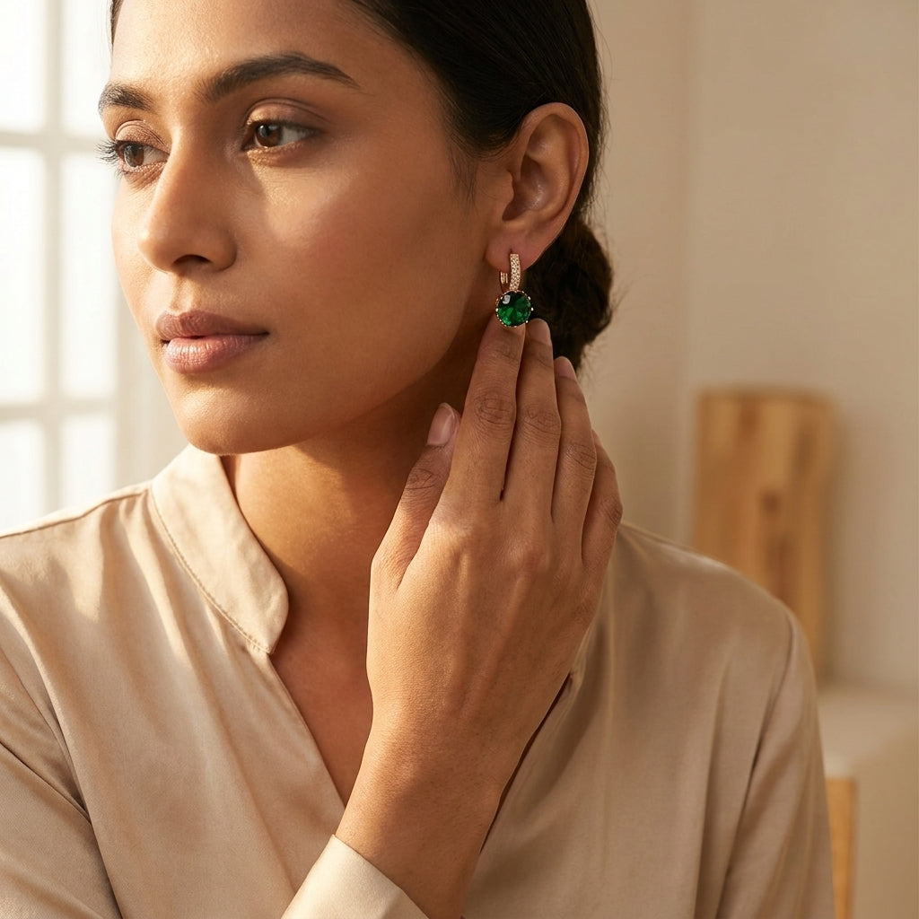 Emerielle Emerald Drop Hoop Earrings in Rose Gold Finish | Luxury Green Crystal Earrings by VarnamAyira