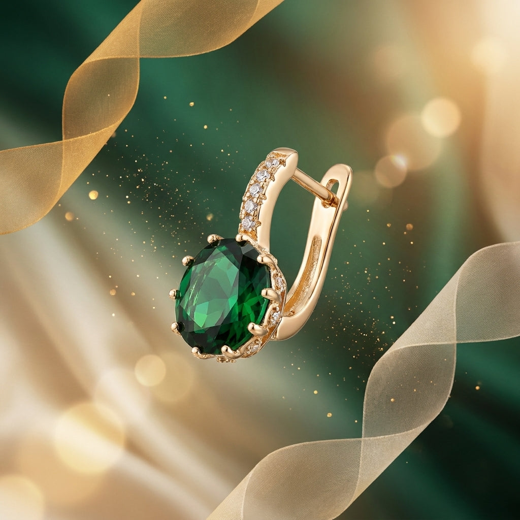 Emerielle Emerald Drop Hoop Earrings in Rose Gold Finish | Luxury Green Crystal Earrings by VarnamAyira