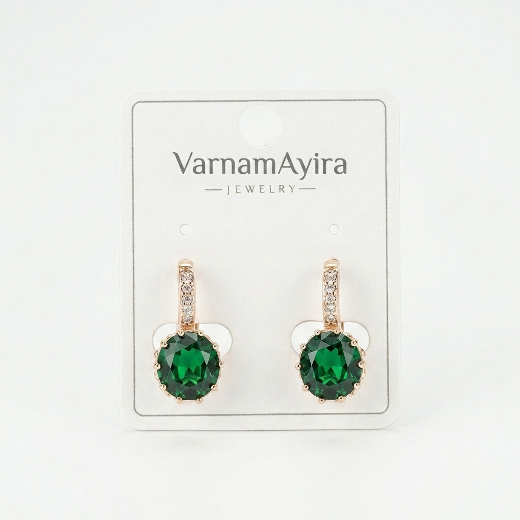 Emerielle Emerald Drop Hoop Earrings in Rose Gold Finish | Luxury Green Crystal Earrings by VarnamAyira