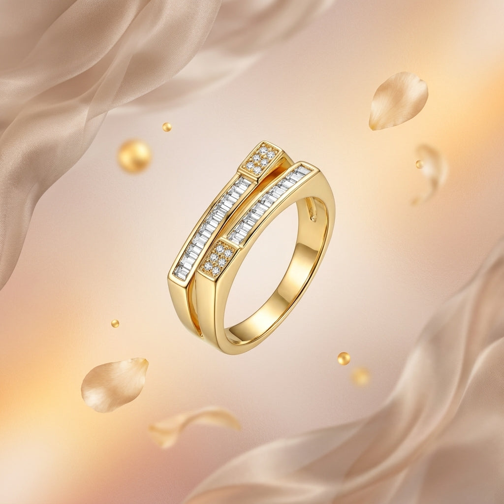 Linear Luxe Gold Plated Ring | Modern Geometric Crystal Ring by VarnamAyira