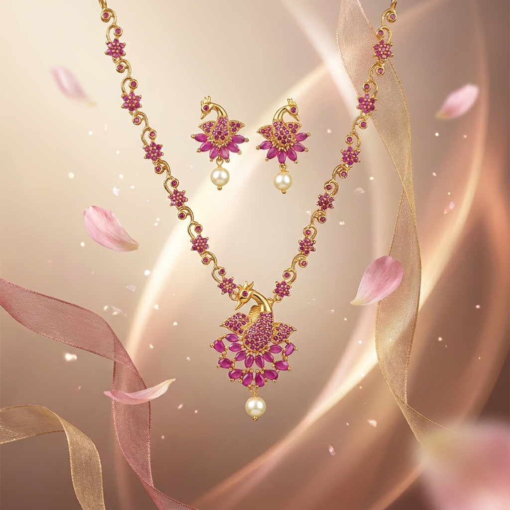 Maghizhini Peacock Floral Necklace Set | Traditional Peacock Stone Necklace | VarnamAyira