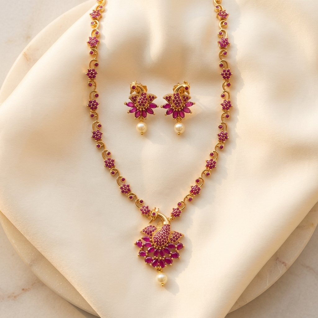 Maghizhini Peacock Floral Necklace Set | Traditional Peacock Stone Necklace | VarnamAyira