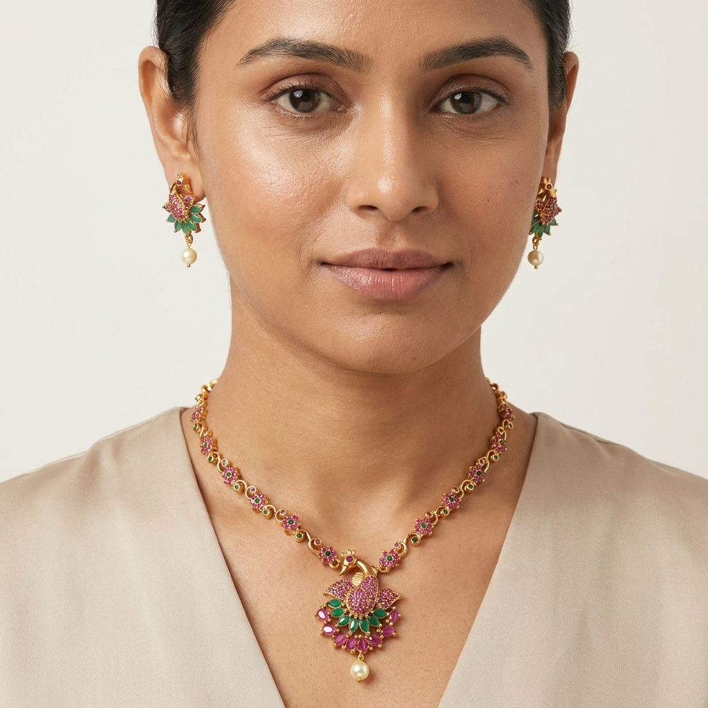 Maghizhini Peacock Floral Necklace Set | Traditional Peacock Stone Necklace | VarnamAyira