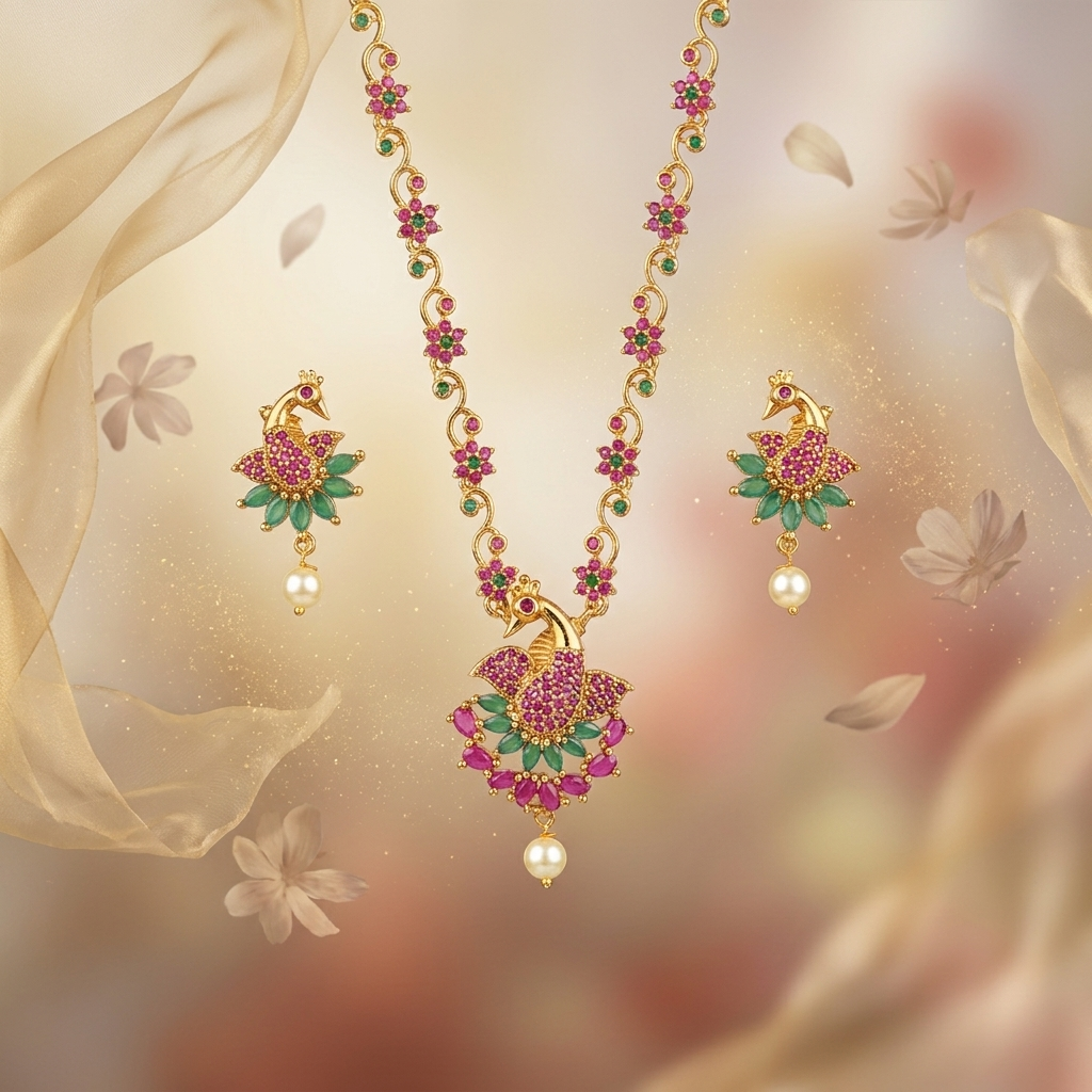 Maghizhini Peacock Floral Necklace Set | Traditional Peacock Stone Necklace | VarnamAyira