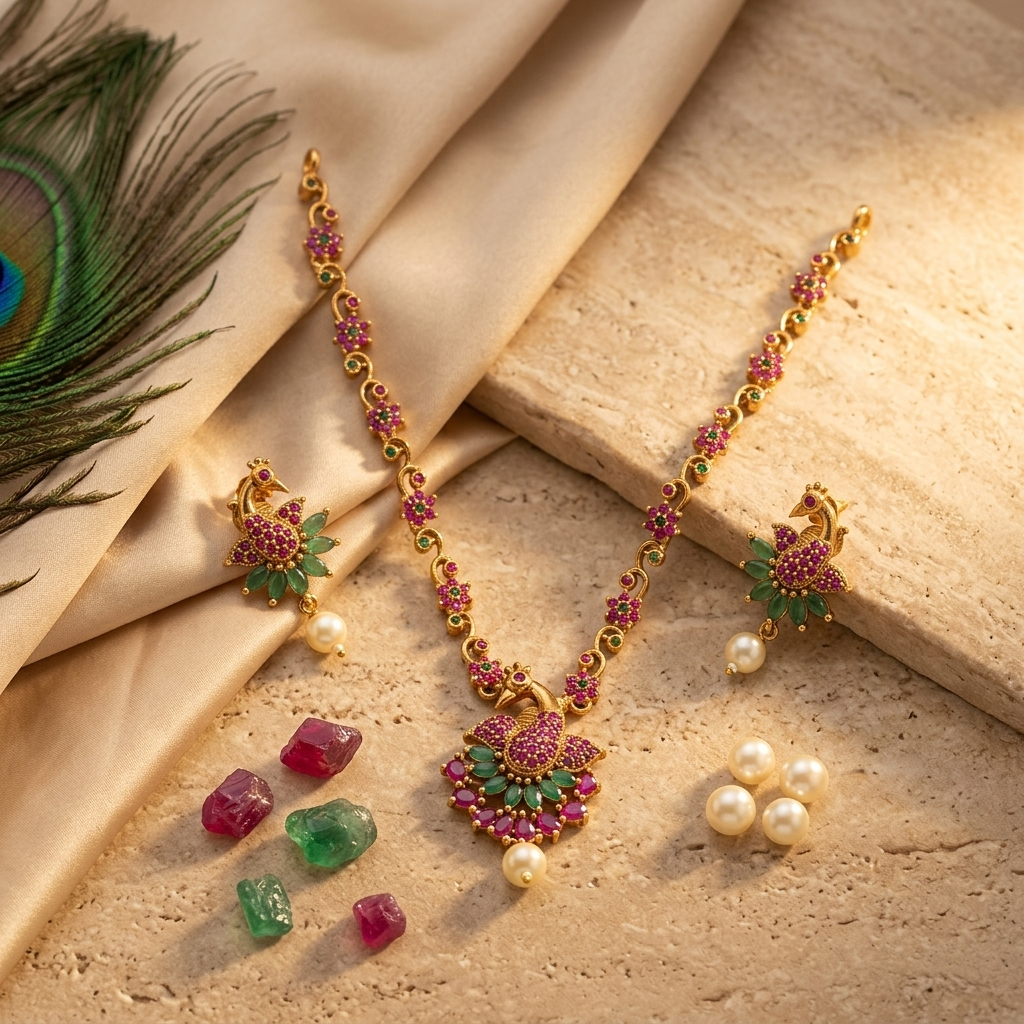 Maghizhini Peacock Floral Necklace Set | Traditional Peacock Stone Necklace | VarnamAyira