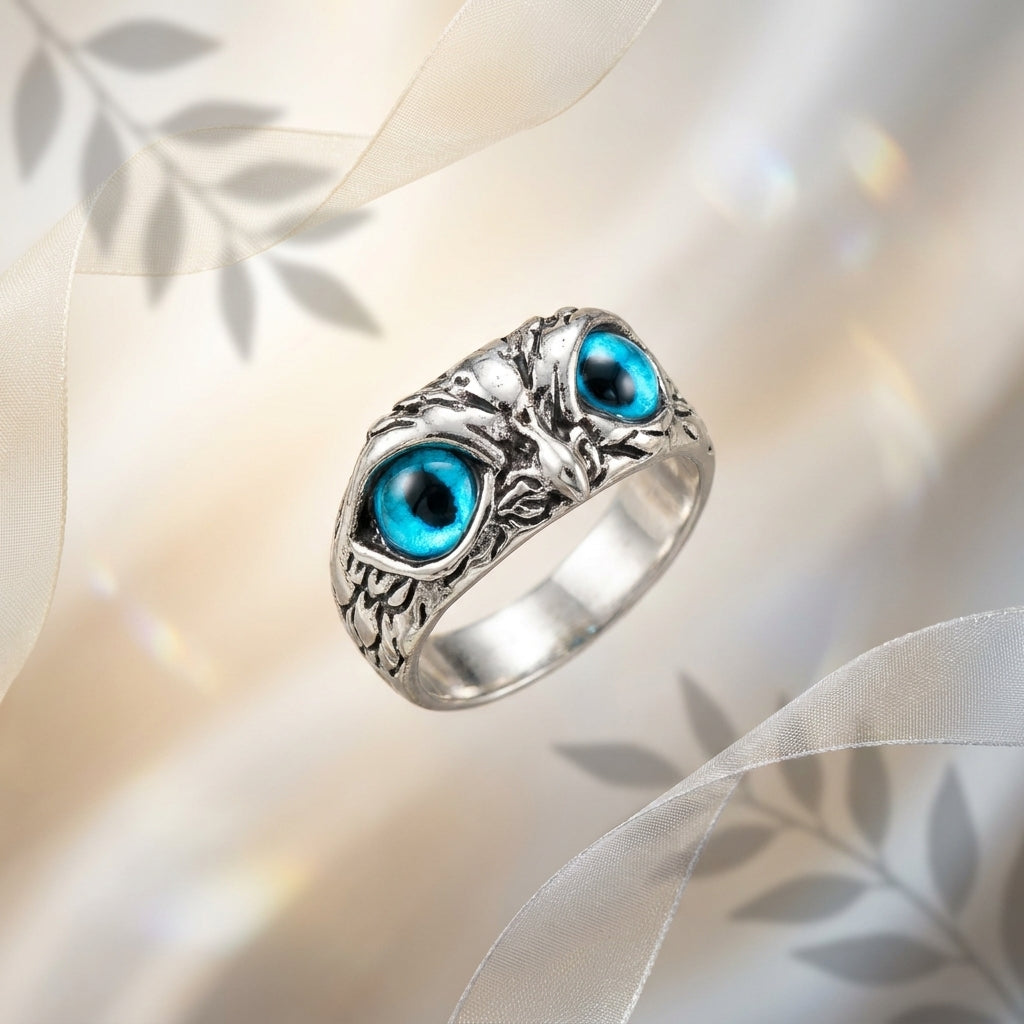 Nethra Owl Ring | Vintage Blue Eye Owl Statement Ring for Women