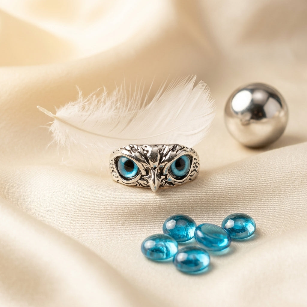 Nethra Owl Ring | Vintage Blue Eye Owl Statement Ring for Women