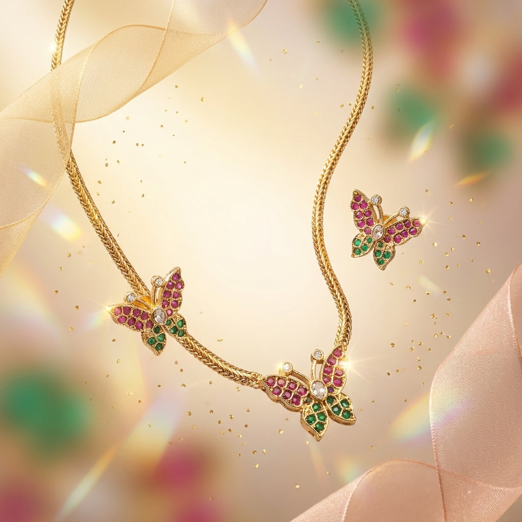 Nivetha Butterfly Necklace Set | Traditional Butterfly Stone Necklace | VarnamAyira