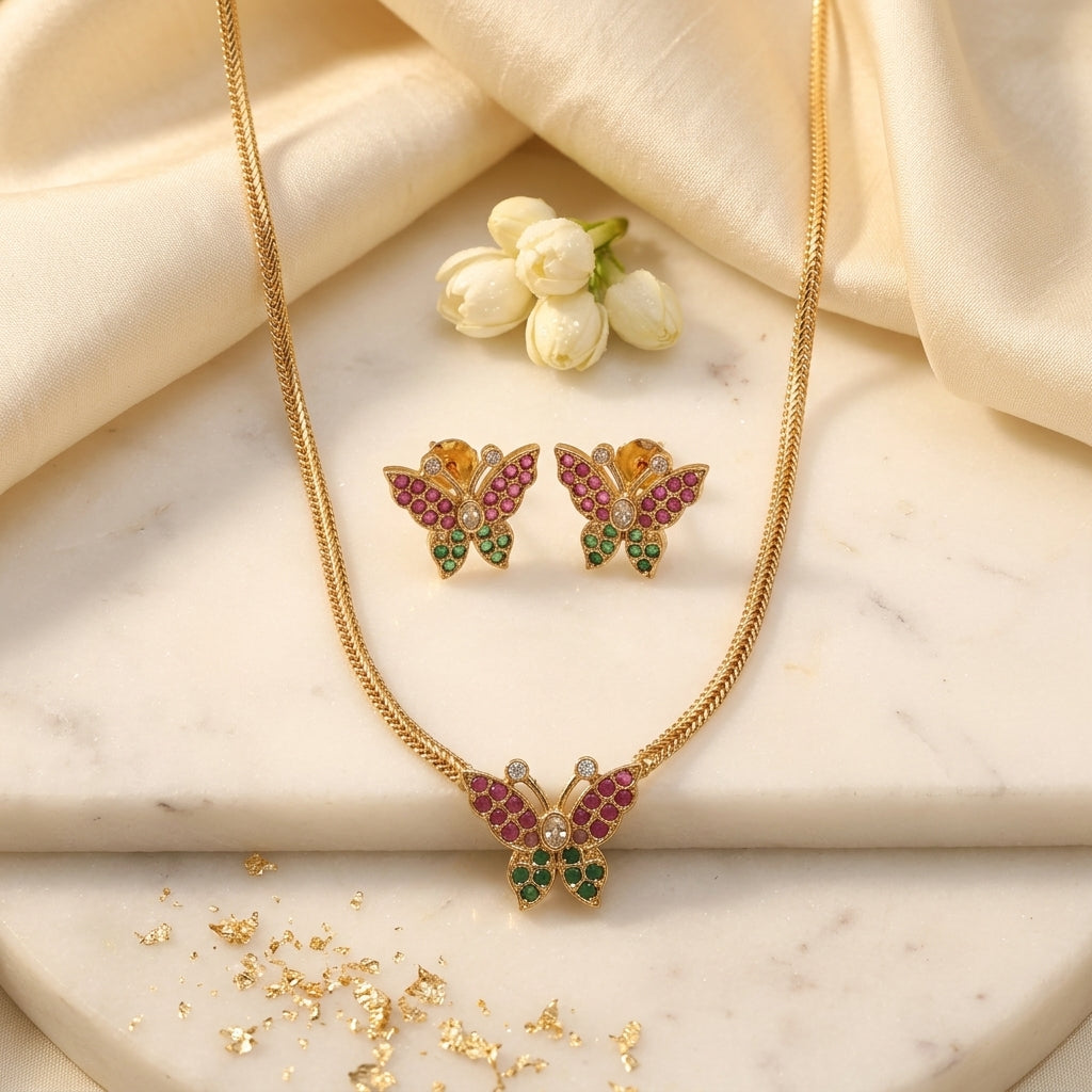 Nivetha Butterfly Necklace Set | Traditional Butterfly Stone Necklace | VarnamAyira