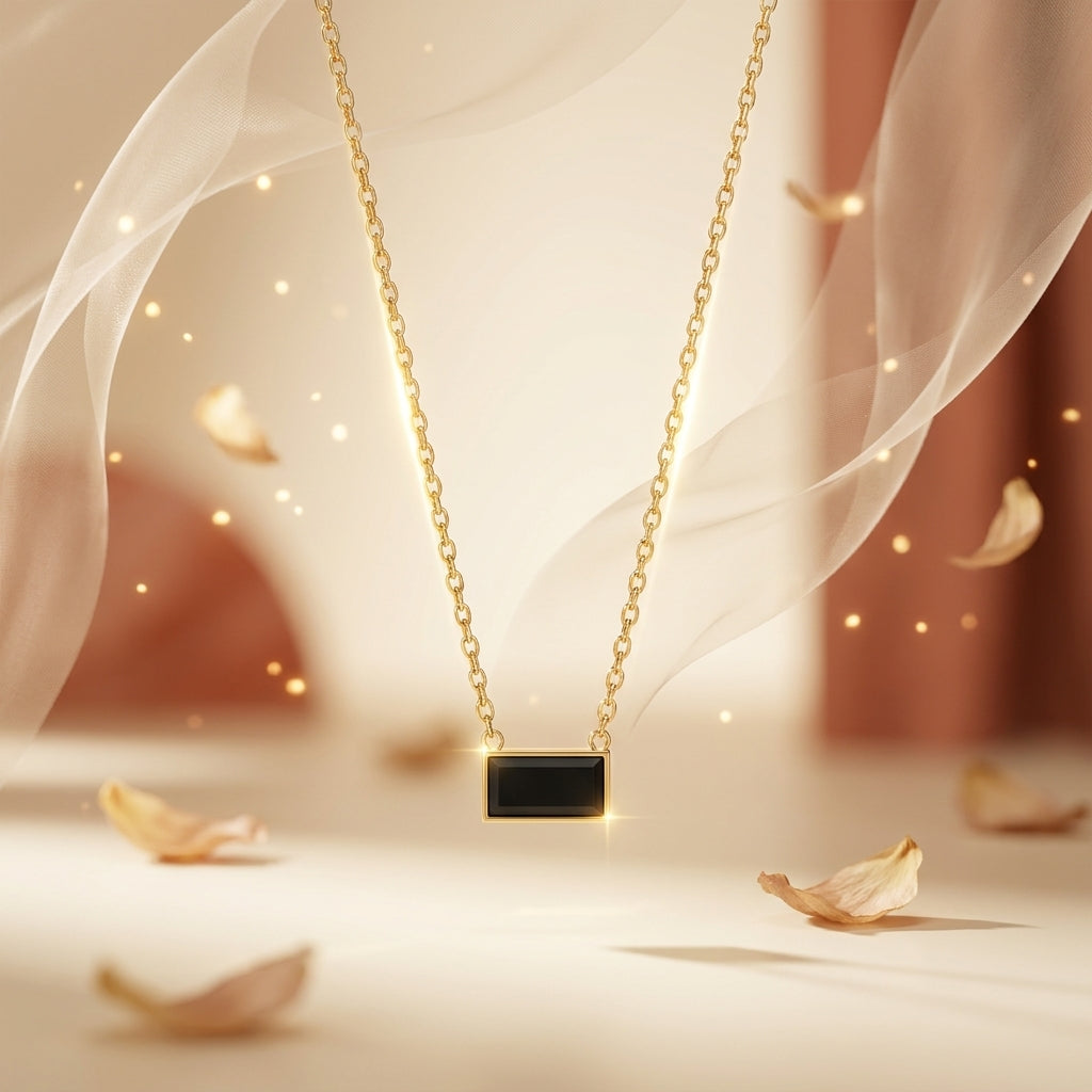 Noir Line Gold-Tone Minimal Black Stone Necklace | Elegant Everyday Pendant Necklace