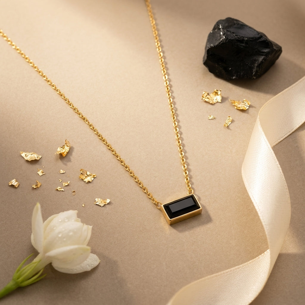 Noir Line Gold-Tone Minimal Black Stone Necklace | Elegant Everyday Pendant Necklace