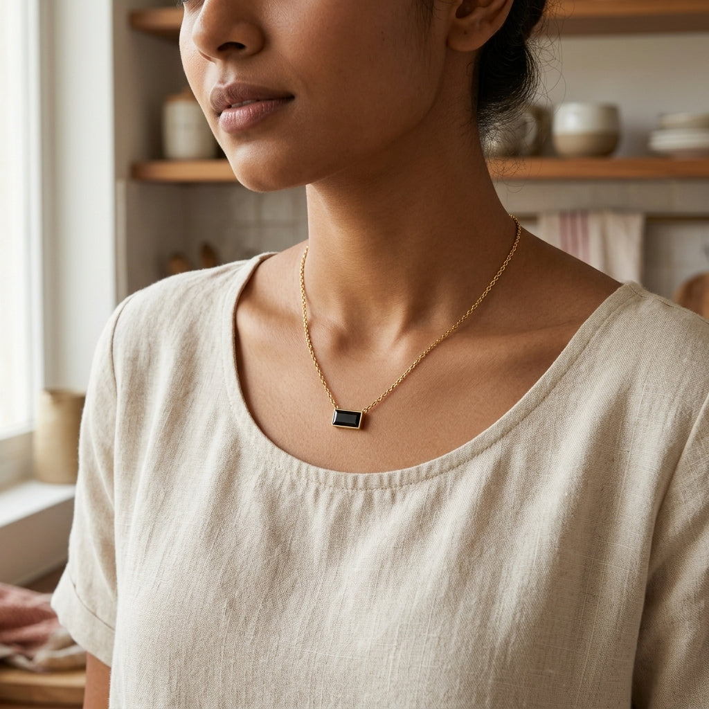 Noir Line Gold-Tone Minimal Black Stone Necklace | Elegant Everyday Pendant Necklace