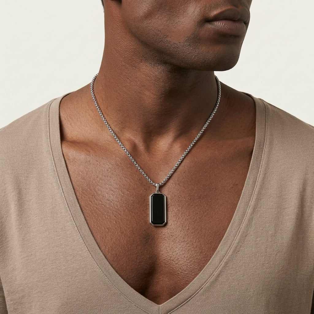 Obsidian Tag Chain for Men | Black Stainless Steel Necklace by VarnamAyira
