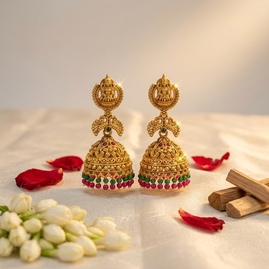 Paveethra Lakshmi Temple Jhumkas | Traditional Antique Jhumka Earrings | VarnamAyira