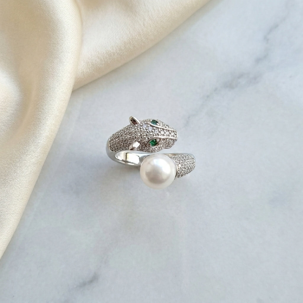 Pearl Panther Luxe Sliver Plated AD Ring | Luxury Animal-Inspired Pearl Statement Ring by VarnamAyira