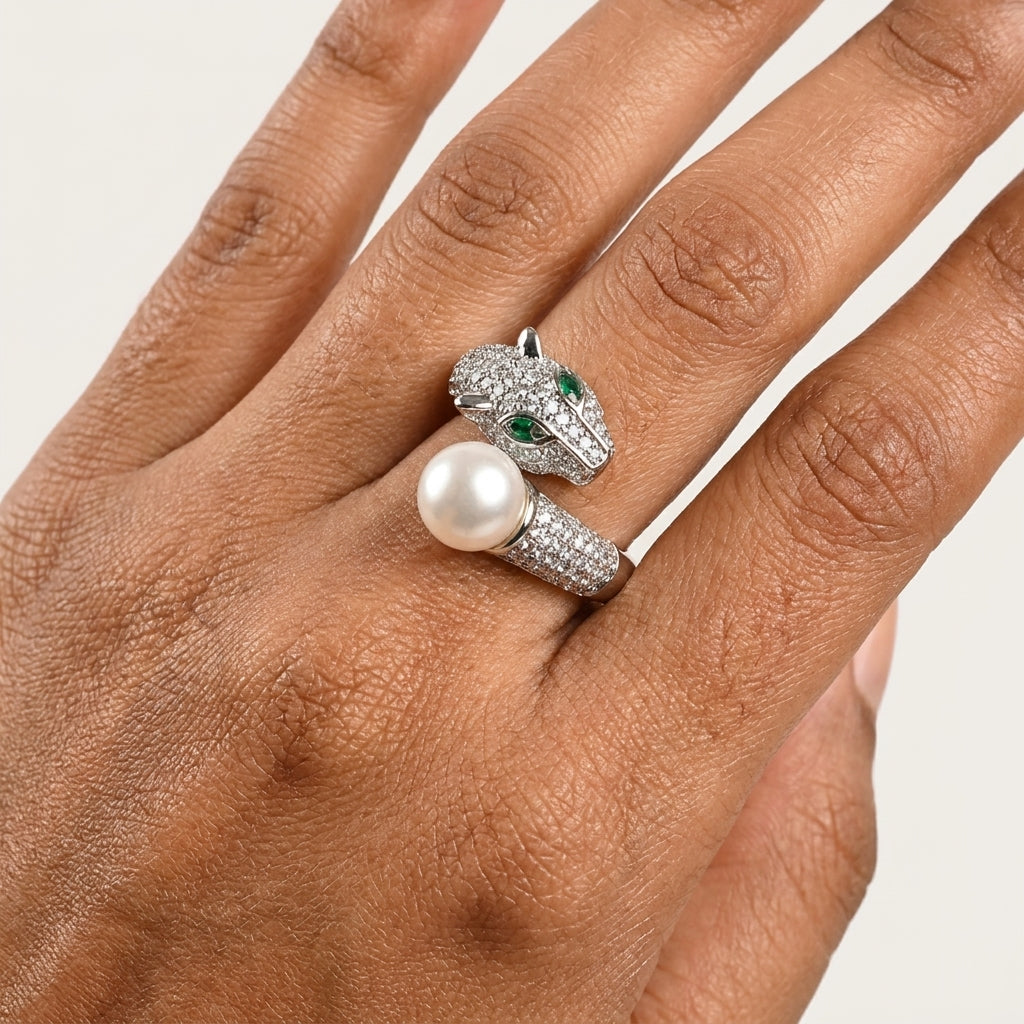 Pearl Panther Luxe Sliver Plated AD Ring | Luxury Animal-Inspired Pearl Statement Ring by VarnamAyira
